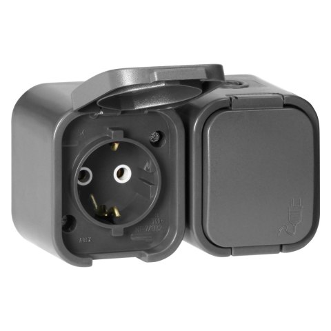 Gniazdo podwójne n/t 2P+Z, Schuko, bryzgoszczelne z klapką B2, IP54, NT-7B2, szary Gniazdo podwójne n/t 2P+Z, Schuko, bryzgoszczelne z klapką B2, IP54, NT-7B2, szary