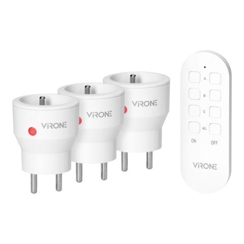 Zestaw bezprzewodowych gniazd MINI Schuko, sterowanych pilotem 3+1, 2300W Zestaw bezprzewodowych gniazd MINI Schuko, sterowanych pilotem 3+1, 2300W