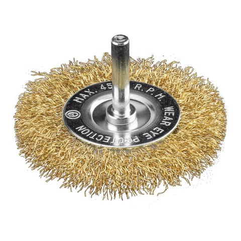Szczotka druciana tarczowa 80 mm, drut karbowany, mosiądzowany, z trzpieniem 6 mm Szczotka druciana tarczowa 80 mm, drut karbowany, mosiądzowany, z trzpieniem 6 mm