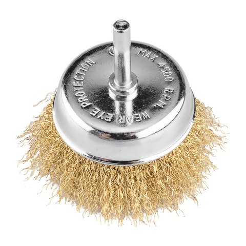 Szczotka druciana doczołowa 75 mm, drut karbowany, mosiądzowany, z trzpieniem 6 mm Szczotka druciana doczołowa 75 mm, drut karbowany, mosiądzowany, z trzpieniem 6 mm