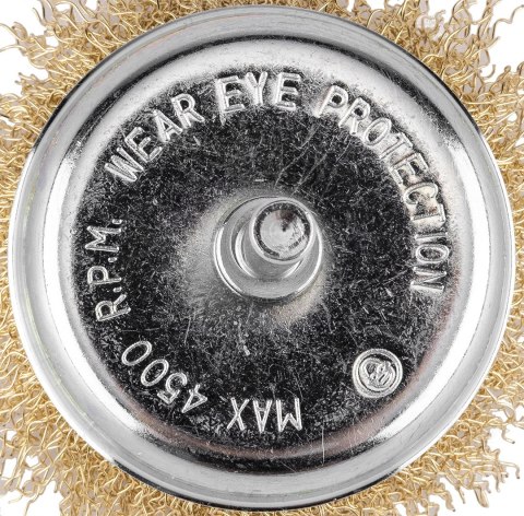 Szczotka druciana doczołowa 75 mm, drut karbowany, mosiądzowany, z trzpieniem 6 mm Szczotka druciana doczołowa 75 mm, drut karbowany, mosiądzowany, z trzpieniem 6 mm