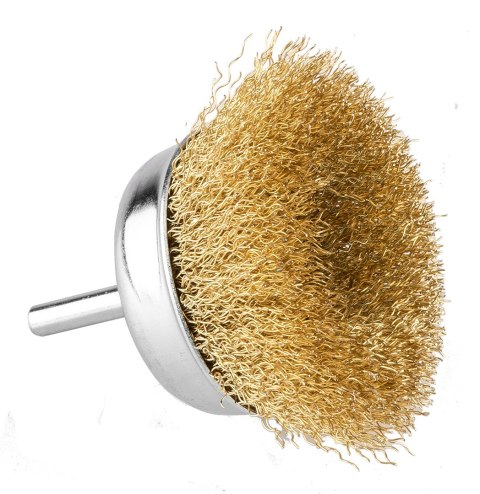 Szczotka druciana doczołowa 75 mm, drut karbowany, mosiądzowany, z trzpieniem 6 mm Szczotka druciana doczołowa 75 mm, drut karbowany, mosiądzowany, z trzpieniem 6 mm