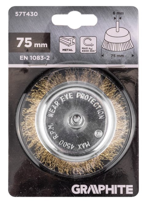 Szczotka druciana doczołowa 75 mm, drut karbowany, mosiądzowany, z trzpieniem 6 mm Szczotka druciana doczołowa 75 mm, drut karbowany, mosiądzowany, z trzpieniem 6 mm