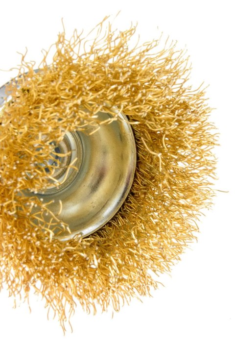 Szczotka druciana doczołowa 50 mm, drut karbowany, mosiądzowany, z trzpieniem 6 mm Szczotka druciana doczołowa 50 mm, drut karbowany, mosiądzowany, z trzpieniem 6 mm