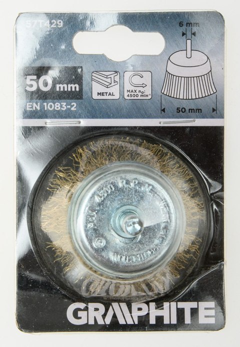 Szczotka druciana doczołowa 50 mm, drut karbowany, mosiądzowany, z trzpieniem 6 mm Szczotka druciana doczołowa 50 mm, drut karbowany, mosiądzowany, z trzpieniem 6 mm