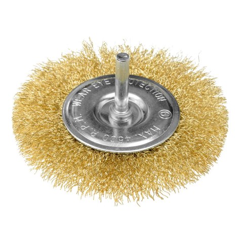 Szczotka druciana tarczowa 100 mm, drut karbowany, mosiądzowany, z trzpieniem 6 mm Szczotka druciana tarczowa 100 mm, drut karbowany, mosiądzowany, z trzpieniem 6 mm
