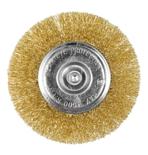 Szczotka druciana tarczowa 100 mm, drut karbowany, mosiądzowany, z trzpieniem 6 mm Szczotka druciana tarczowa 100 mm, drut karbowany, mosiądzowany, z trzpieniem 6 mm