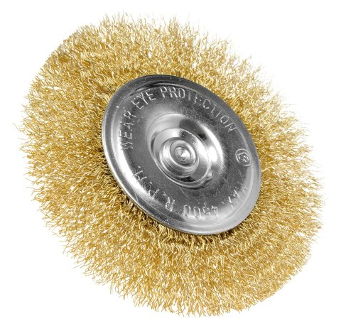 Szczotka druciana tarczowa 100 mm, drut karbowany, mosiądzowany, z trzpieniem 6 mm Szczotka druciana tarczowa 100 mm, drut karbowany, mosiądzowany, z trzpieniem 6 mm