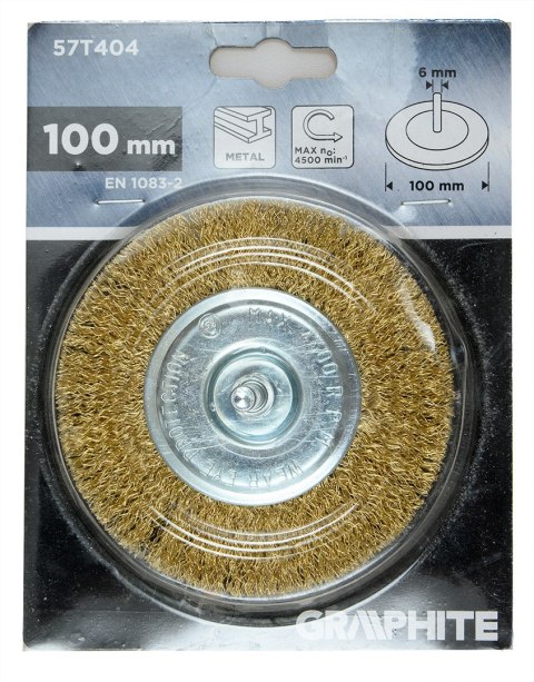 Szczotka druciana tarczowa 100 mm, drut karbowany, mosiądzowany, z trzpieniem 6 mm Szczotka druciana tarczowa 100 mm, drut karbowany, mosiądzowany, z trzpieniem 6 mm