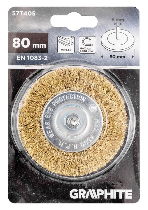 Szczotka druciana tarczowa 80 mm, drut karbowany, mosiądzowany, z trzpieniem 6 mm Szczotka druciana tarczowa 80 mm, drut karbowany, mosiądzowany, z trzpieniem 6 mm