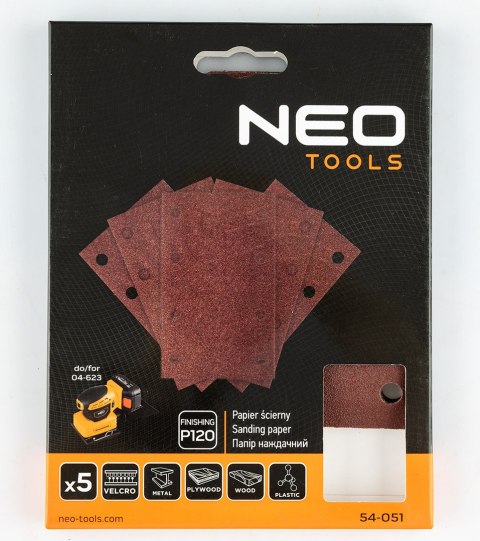 Papiery ścierne na rzep, prostokąt 80 x 130 mm, P120, 5 szt., z 8 otworami do 04-623 Papiery ścierne na rzep, prostokąt 80 x 130 mm, P120, 5 szt., z 8 otworami do 04-623