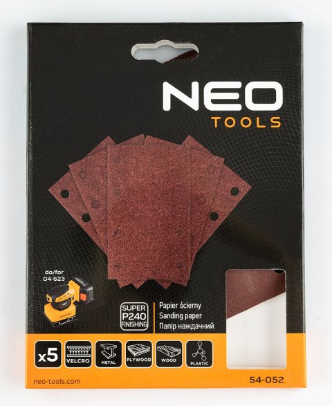 Papiery ścierne na rzep, prostokąt 80 x 130 mm, P240, 5 szt., z 8 otworami do 04-623 Papiery ścierne na rzep, prostokąt 80 x 130 mm, P240, 5 szt., z 8 otworami do 04-623