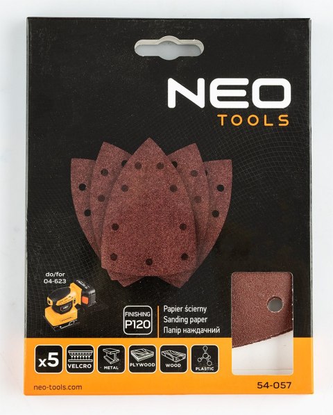Papiery ścierne na rzep, żelazko 100 x 147 mm, P120, 5 szt., z 9 otworami do 04-623 Papiery ścierne na rzep, żelazko 100 x 147 mm, P120, 5 szt., z 9 otworami do 04-623