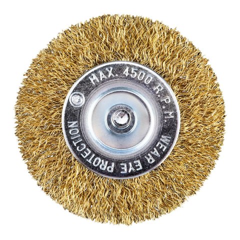 Szczotka druciana tarczowa 80 mm, drut karbowany, mosiądzowany, z trzpieniem 6 mm Szczotka druciana tarczowa 80 mm, drut karbowany, mosiądzowany, z trzpieniem 6 mm
