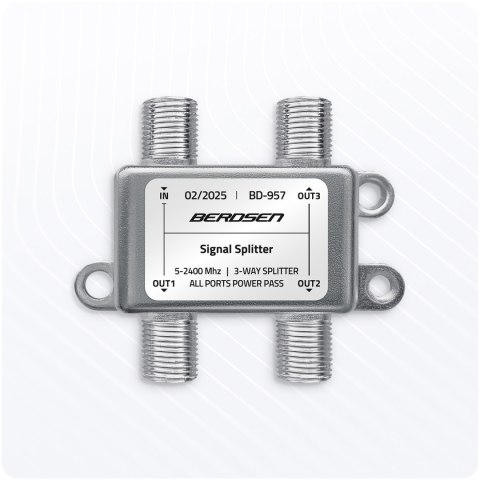 Splitter antenowy rozgałęźnik pasywny 3-wejściowy 5-2400 MHz Berdsen BD-957 Splitter antenowy rozgałęźnik pasywny 3-wejściowy 5-2400 MHz Berdsen BD-957