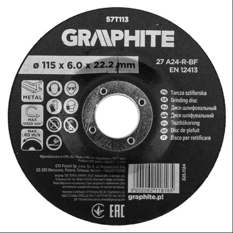 Tarcza szlifierska, korundowa do metalu 115 x 6.0 x 22.2 mm, 27 A24-R-BF, wypukła Tarcza szlifierska, korundowa do metalu 115 x 6.0 x 22.2 mm, 27 A24-R-BF, wypukła