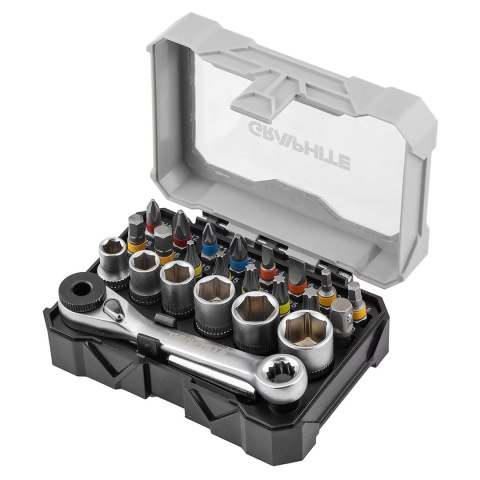 Zestaw bitów 25 mm i nasadek z grzechotką i uchwytem magnetycznym 60 mm, 24 szt. Zestaw bitów 25 mm i nasadek z grzechotką i uchwytem magnetycznym 60 mm, 24 szt.
