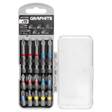 Zestaw bitów PH2x2, PH3, PZ2x2 x 50 mm, PH1/2/3, PZ1/2/3, TX10/20/25/30 x 25 mm, 15 szt. Zestaw bitów PH2x2, PH3, PZ2x2 x 50 mm, PH1/2/3, PZ1/2/3, TX10/20/25/30 x 25 mm, 15 szt.