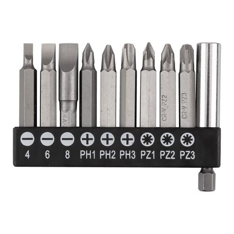 Zestaw bitów SL4/6/8, PH1/2/3, PZ1/2/3 x 50 mm, z uchwytem magnetycznym 60 mm, 10 szt. Zestaw bitów SL4/6/8, PH1/2/3, PZ1/2/3 x 50 mm, z uchwytem magnetycznym 60 mm, 10 szt.