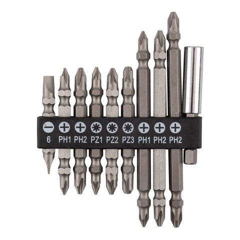 Zestaw bitów dwustronnych SL6, PH1x2, PH2x3, PZ1/2/3, z uchwytem magnetycznym 60 mm, 10 szt. Zestaw bitów dwustronnych SL6, PH1x2, PH2x3, PZ1/2/3, z uchwytem magnetycznym 60 mm, 10 szt.