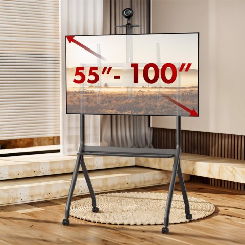 Stand / wózek do TV Maclean, półka na kamerę, na kółkach, 55-100", max. obciążenie 120kg/10kg półka, max. VESA 900x600, czarny, Stand / wózek do TV Maclean, półka na kamerę, na kółkach, 55-100", max. obciążenie 120kg/10kg półka, max. VESA 900x600, czarny,