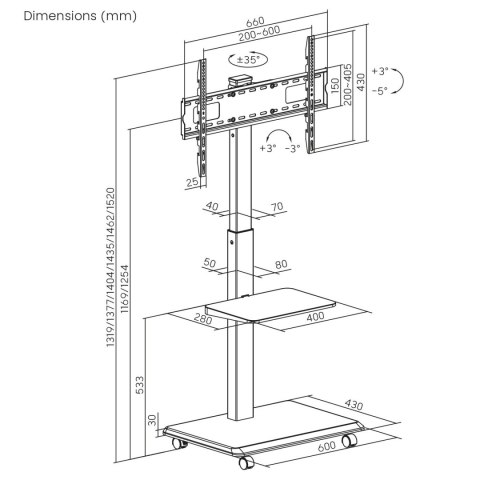 Stand / wózek dla TV Ergo-Office, max. obciążenie 50kg / 5kg półka, max. VESA 600x400, wbud. listwa zasil., czarny, ER-304 B Stand / wózek dla TV Ergo-Office, max. obciążenie 50kg / 5kg półka, max. VESA 600x400, wbud. listwa zasil., czarny, ER-304 B