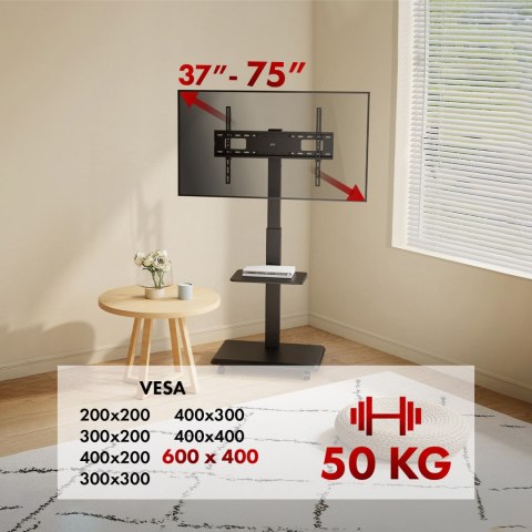 Stand / wózek dla TV Ergo-Office, max. obciążenie 50kg / 5kg półka, max. VESA 600x400, wbud. listwa zasil., czarny, ER-304 B Stand / wózek dla TV Ergo-Office, max. obciążenie 50kg / 5kg półka, max. VESA 600x400, wbud. listwa zasil., czarny, ER-304 B