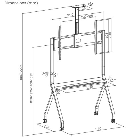 Stand / wózek do TV Maclean, półka na kamerę, na kółkach, 55-100", max. obciążenie 120kg/10kg półka, max. VESA 900x600, biały, M Stand / wózek do TV Maclean, półka na kamerę, na kółkach, 55-100", max. obciążenie 120kg/10kg półka, max. VESA 900x600, biały, M