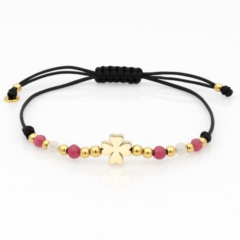 Bransoletka na rękę stal chirurgiczna pozłacana 14k złotem, koniczynka na czarnym sznurku- BST1548