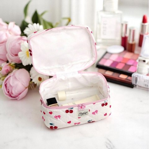 Kosmetyczka damska pikowana kuferek wisienki, kokardki 16 x 16 x 25 cm KS150