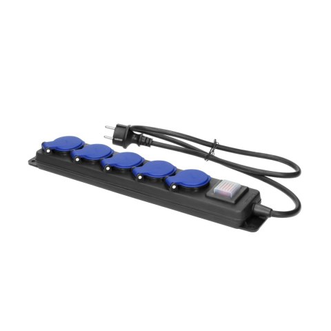 Przedłużacz warsztatowy bryzgoszczelny z wyłącznikiem, 5 gniazd 2P+Z, IP44, przewód gumowy, H05RR-F 3x1,5mm?, długość 5m Przedłużacz warsztatowy bryzgoszczelny z wyłącznikiem, 5 gniazd 2P+Z, IP44, przewód gumowy, H05RR-F 3x1,5mm?, długość 5m