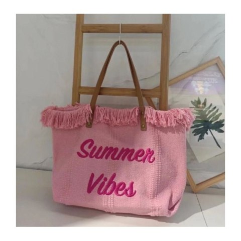 TORBA PLAŻOWA , na zakupy duża i pojemna z frędzlami BOHO, róż TP11R