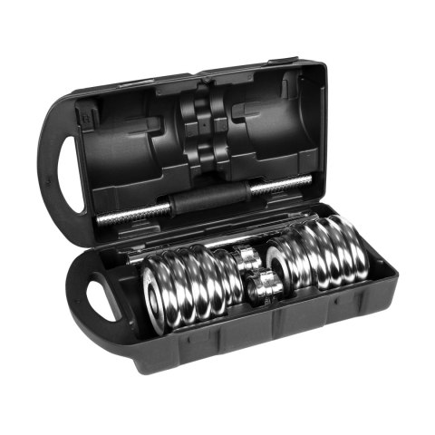 Hantle żeliwne chromowane regulowane w walizce z gryfem, zestaw 15kg REBEL ACTIVE Hantle żeliwne chromowane regulowane w walizce z gryfem, zestaw 15kg REBEL ACTIVE