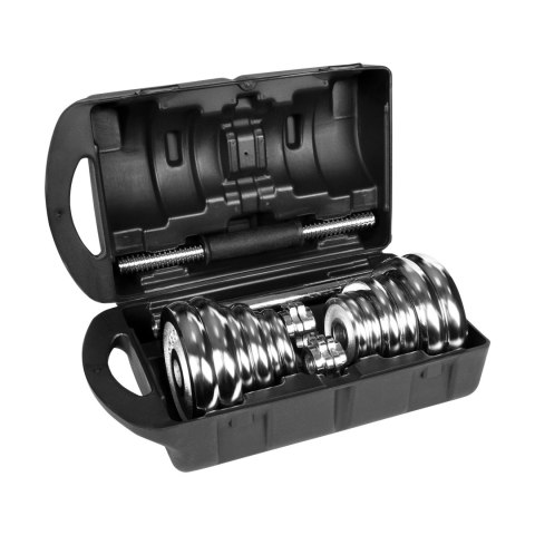 Hantle żeliwne chromowane regulowane w walizce z gryfem, zestaw 20kg REBEL ACTIVE Hantle żeliwne chromowane regulowane w walizce z gryfem, zestaw 20kg REBEL ACTIVE