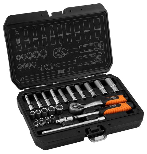 Zestaw kluczy nasadowych 1/4", 23 szt., satynowy Zestaw kluczy nasadowych 1/4", 23 szt., satynowy