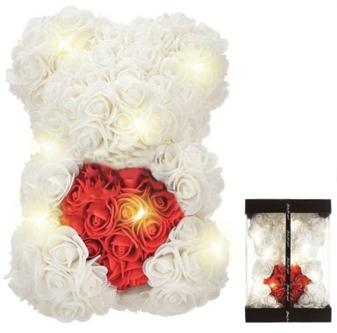 BQ54C Miś z róż z sercem 25cm biało-czerwony led BQ54C Miś z róż z sercem 25cm biało-czerwony led