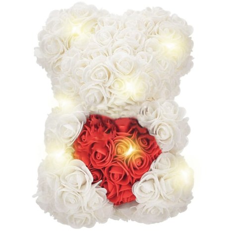 BQ54C Miś z róż z sercem 25cm biało-czerwony led BQ54C Miś z róż z sercem 25cm biało-czerwony led