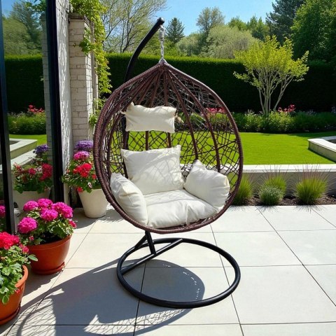 Fotel wiszący, huśtawka kokon brązowy z jasnymi poduszkami KR23BR