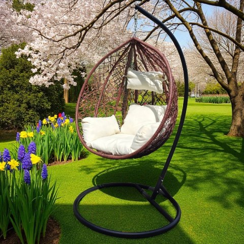 Fotel wiszący, huśtawka kokon brązowy z jasnymi poduszkami KR23BR