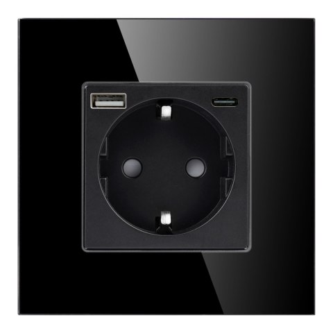 Gniazdo pojedyncze 2P+Z, Schuko, USB-A + USB-C, wyjście 5VDC max. 3A, czarny Gniazdo pojedyncze 2P+Z, Schuko, USB-A + USB-C, wyjście 5VDC max. 3A, czarny
