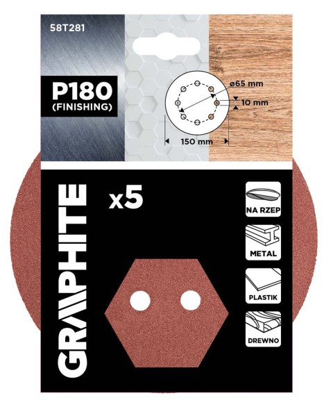Krążki ścierne na rzep 150 mm, P180, 5 szt., z 8 otworami Krążki ścierne na rzep 150 mm, P180, 5 szt., z 8 otworami