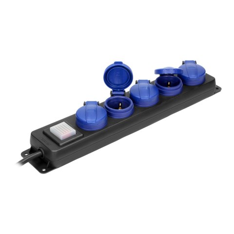 Przedłużacz warsztatowy bryzgoszczelny z wyłącznikiem, 5 gniazd 2P+Z, IP44, schuko przewód gumowy, H05RR-F 3x1,5mm2, długość 5m Przedłużacz warsztatowy bryzgoszczelny z wyłącznikiem, 5 gniazd 2P+Z, IP44, schuko przewód gumowy, H05RR-F 3x1,5mm2, długość 5m