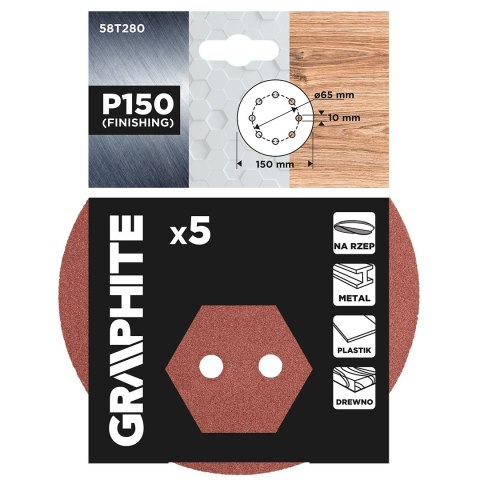 Krążki ścierne na rzep 150 mm, P150, 5 szt., z 8 otworami Krążki ścierne na rzep 150 mm, P150, 5 szt., z 8 otworami