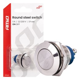 Włącznik płaski okrągły stalowy on/off 19mm 5a 12/230v amio-04474