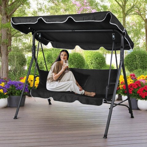 Huśtawka ogrodowa 3-osobowa z baldachimem i 2 poduszkami, czarna HO01CZ