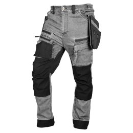 Spodnie robocze DENIM, wzmocnienia Cordura, odpinane kieszenie kaburowe, szare, rozmiar XL