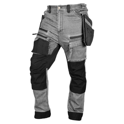 Spodnie robocze DENIM, wzmocnienia Cordura, odpinane kieszenie kaburowe, szare, rozmiar XL