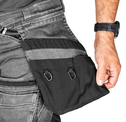 Spodnie robocze DENIM, wzmocnienia Cordura, odpinane kieszenie kaburowe, szare, rozmiar M Spodnie robocze DENIM, wzmocnienia Cordura, odpinane kieszenie kaburowe, szare, rozmiar M