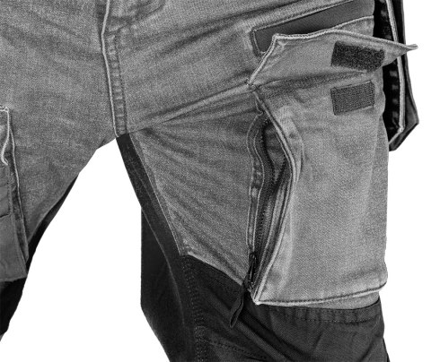 Spodnie robocze DENIM, wzmocnienia Cordura, odpinane kieszenie kaburowe, szare, rozmiar M Spodnie robocze DENIM, wzmocnienia Cordura, odpinane kieszenie kaburowe, szare, rozmiar M