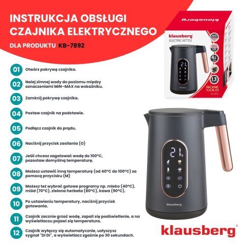 CZAJNIK ELEKTRYCZNY Z REGULACJĄ TEMPERATURY 1.7L BEZPRZEWODOWY CZARNY KLAUSBERG KB-7892 CZAJNIK ELEKTRYCZNY Z REGULACJĄ TEMPERATURY 1.7L BEZPRZEWODOWY CZARNY KLAUSBERG KB-7892